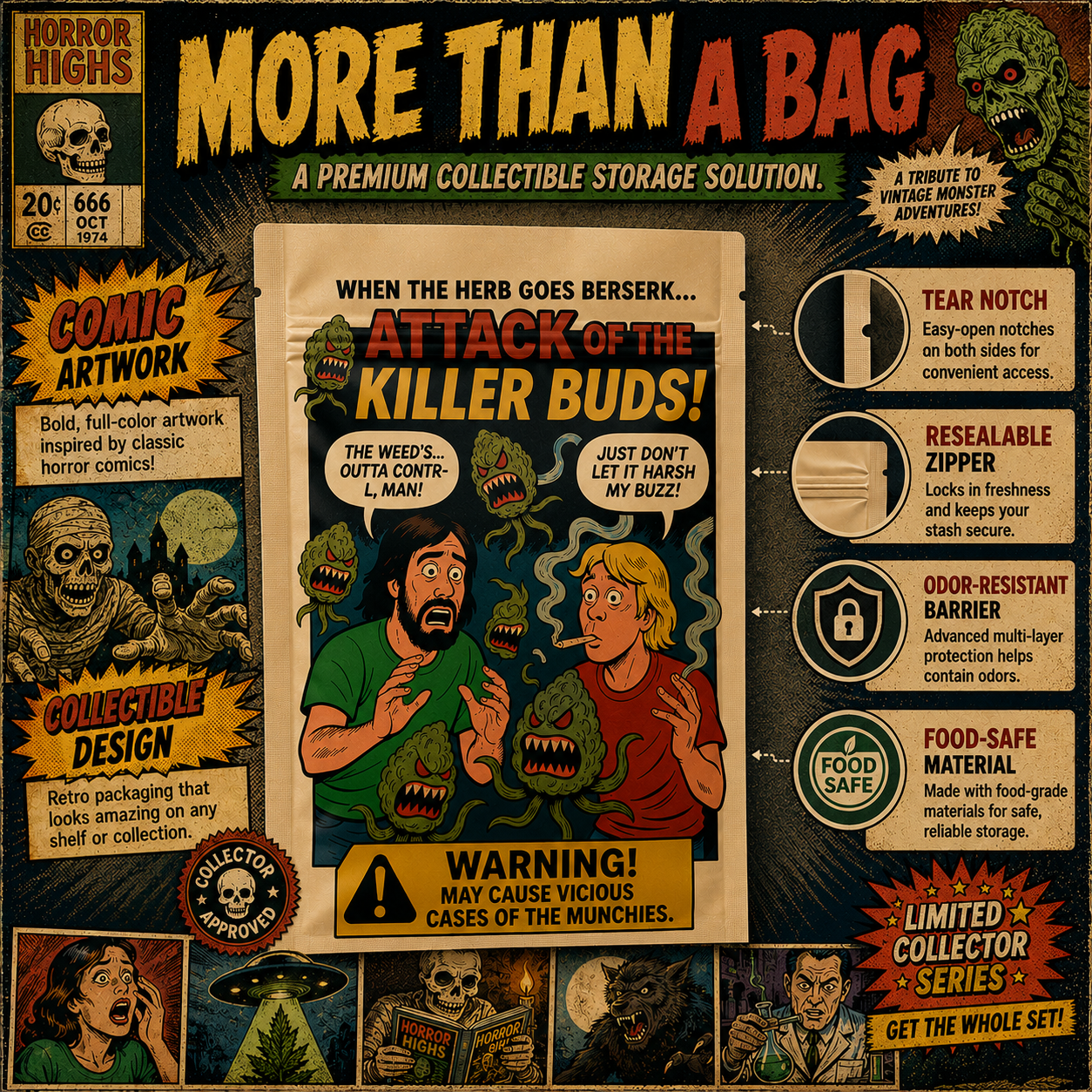 Smell-Proof Mylar Bags 7×10cm – Sci-Fi Horror Comic Collection | Midnight Horror Vol. II